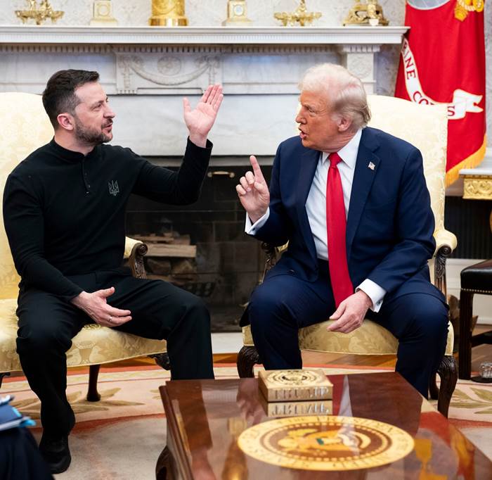 Volodymyr Zelensky and Donald J. Trump, sitting side by side and gesturing at each other.